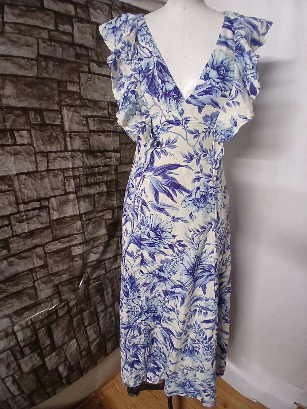 H&M Blue and Cream Floral Ruffle V-Neck Maxi Dress